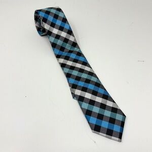 Egara Skinny Neck Tie Turquoise Aqua Black White Checks Plaid 100% Polyester